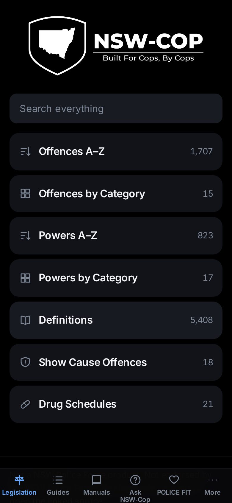 The NSW-Cop home screen with search and the main sections