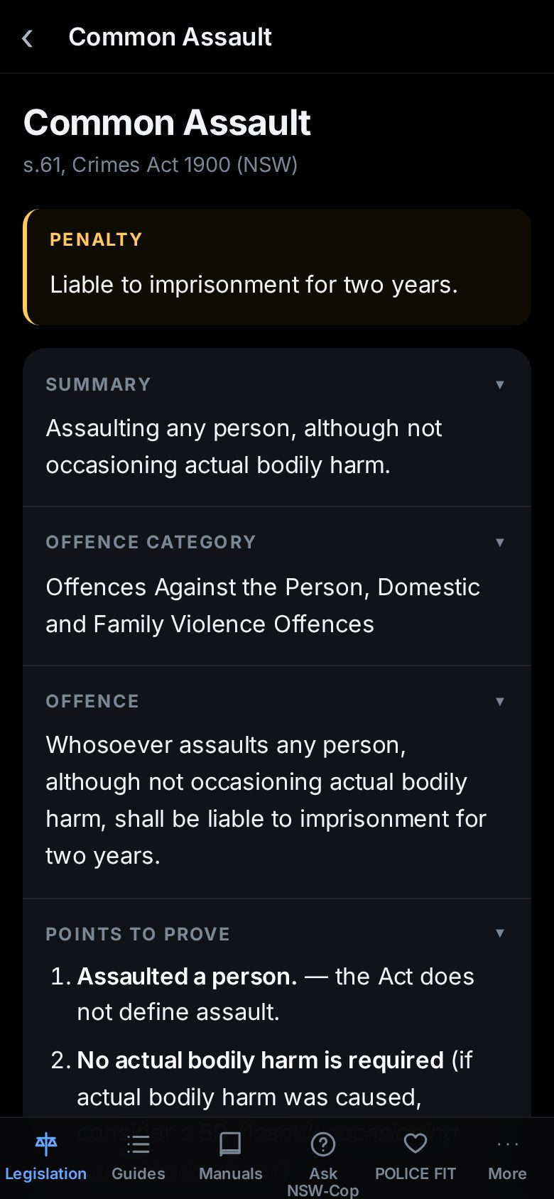 The Common Assault record in NSW-Cop, penalty first