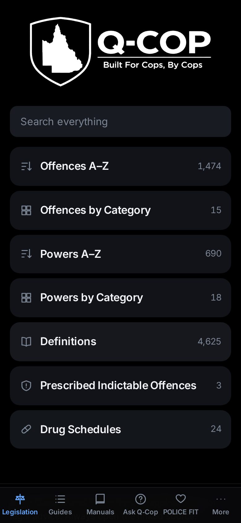 The Q-Cop home screen with search and the main sections