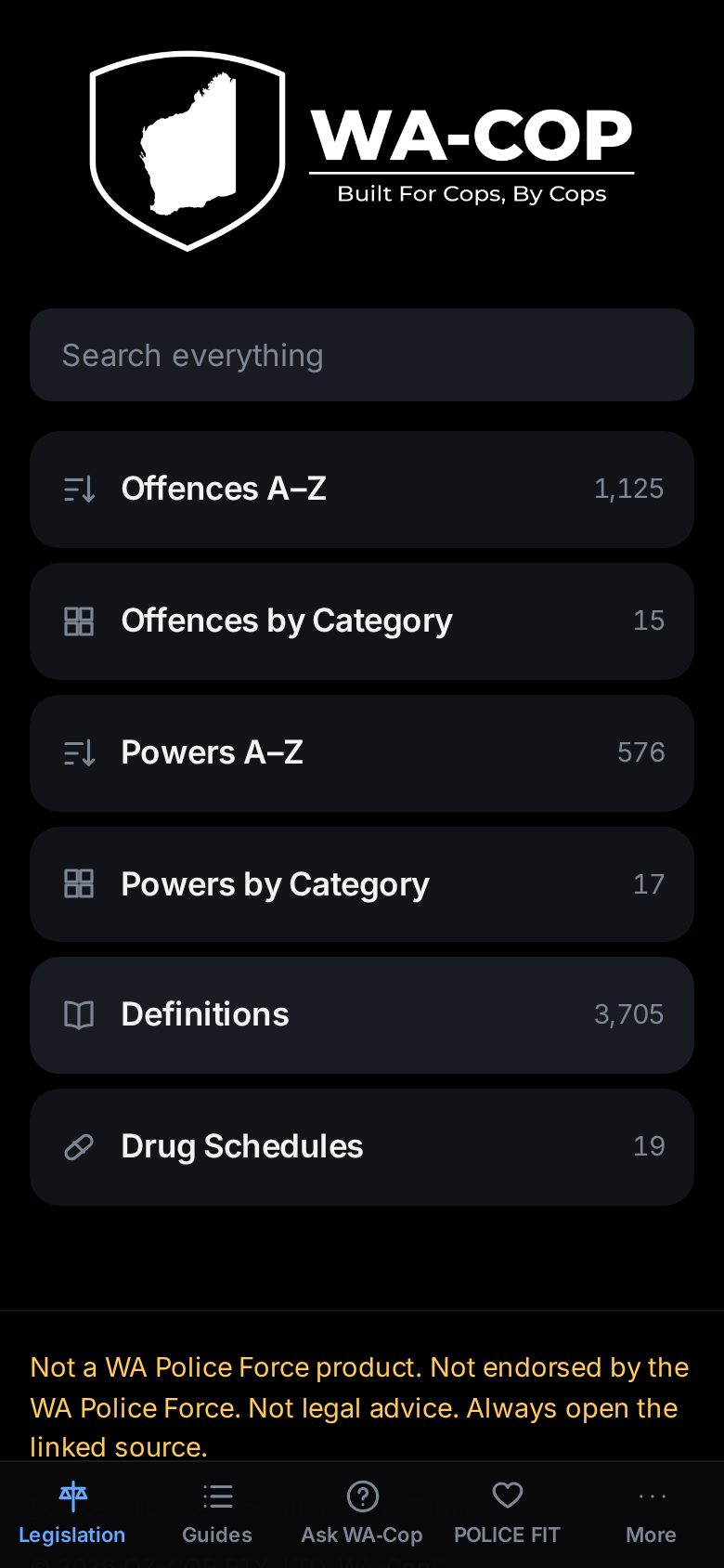 The WA-Cop home screen with search and the main sections