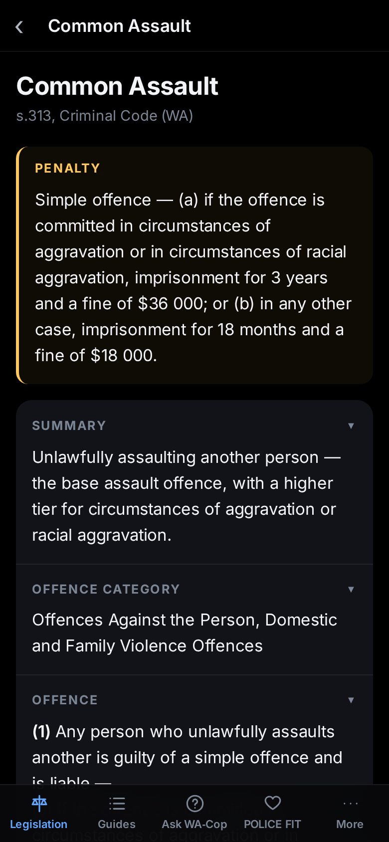 The Common Assault record in WA-Cop, penalty first